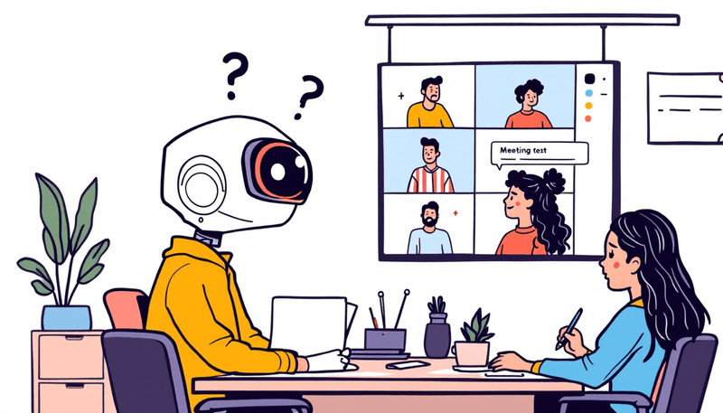 Asistente robot de IA de Fireflies tomando notas durante una videoconferencia con interfaz de transcripción