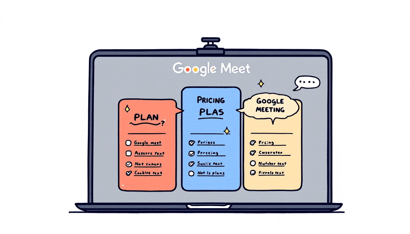 Comparación de precios de Google Meet que muestra diferentes planes de suscripción con interfaz de reuniones empresariales y análisis de costos