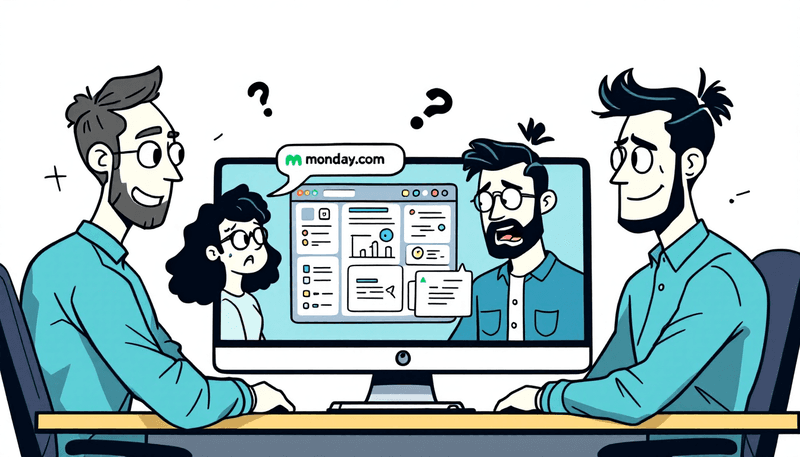 Equipo empresarial profesional que utiliza el panel de Monday.com con inicio de sesión seguro y tableros de gestión de proyectos