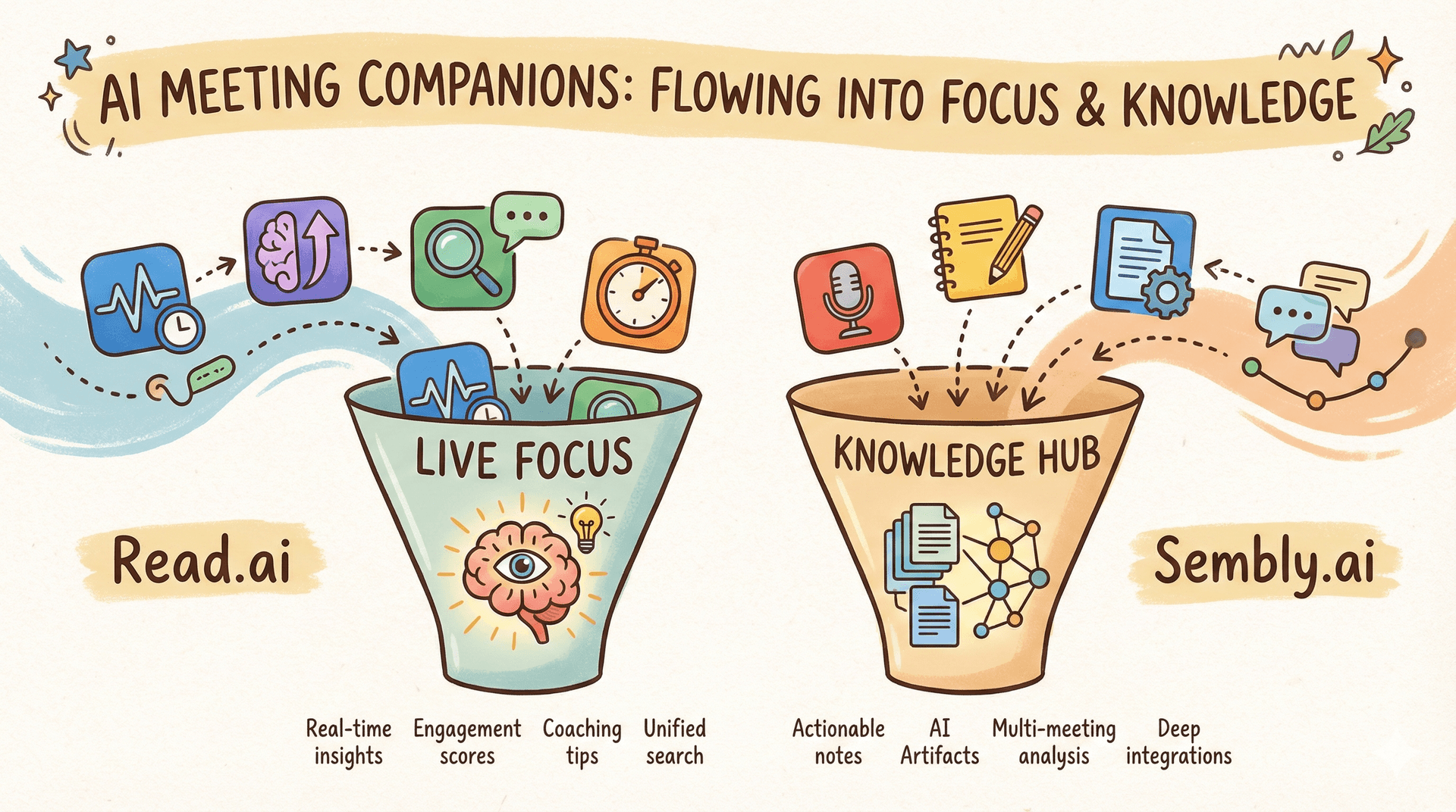 Meeting productivity illustration showing AI tools and meeting summaries
