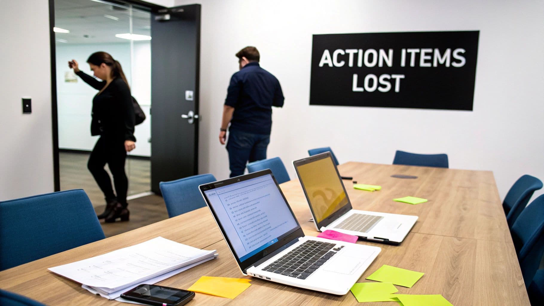 Meeting productivity illustration showing AI tools and meeting summaries