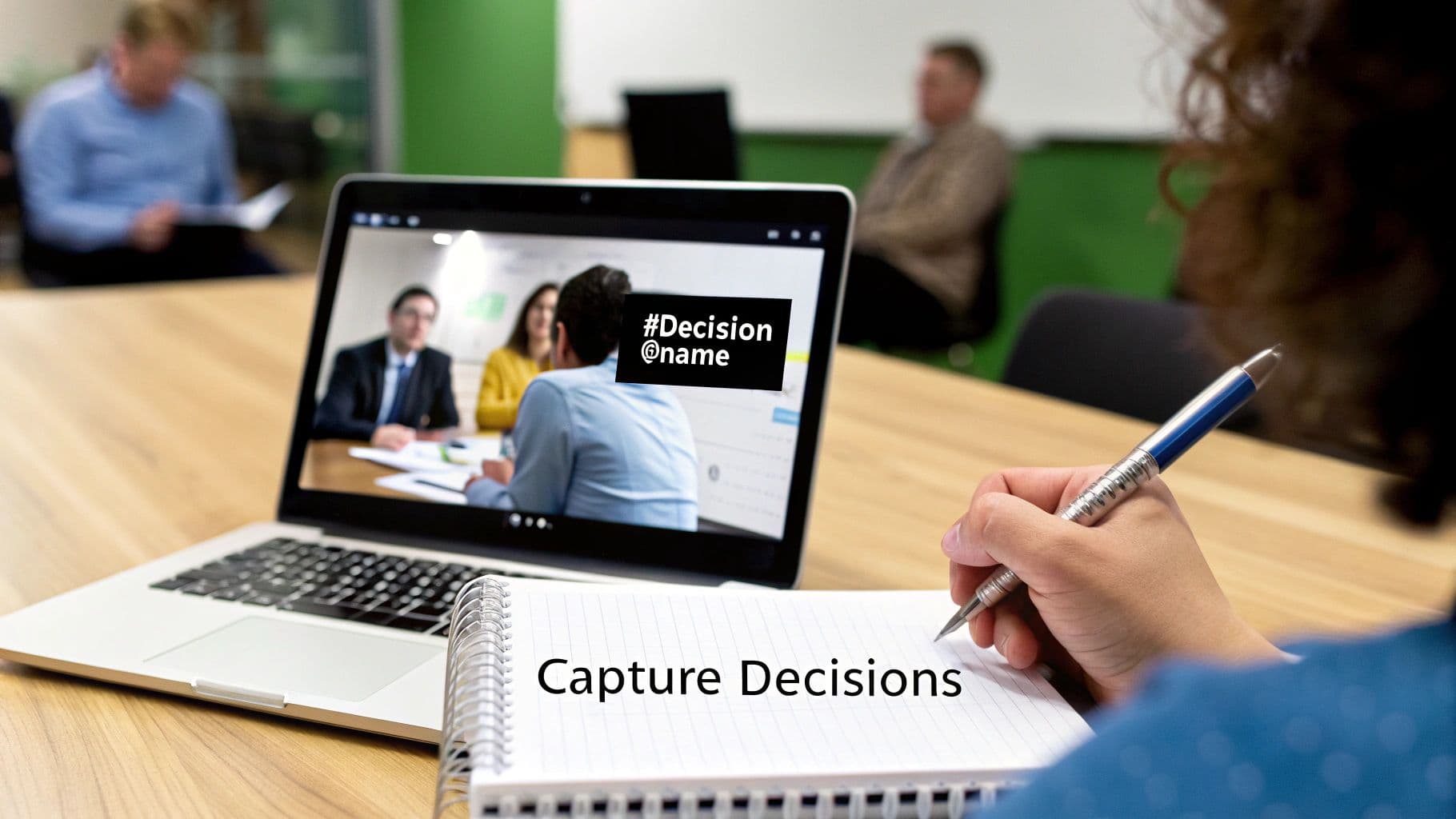 Meeting productivity illustration showing AI tools and meeting summaries