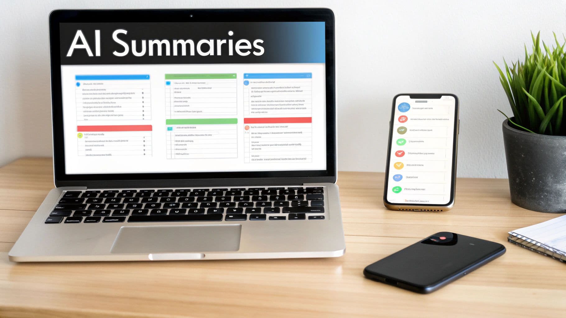 Meeting productivity illustration showing AI tools and meeting summaries