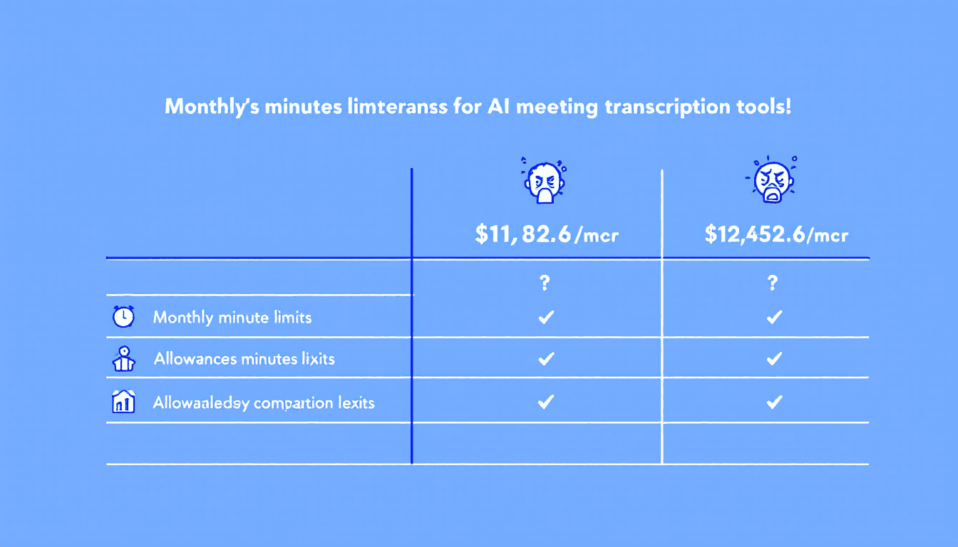 AI meeting tools monthly minute limits comparison chart with clock icons and usage analytics