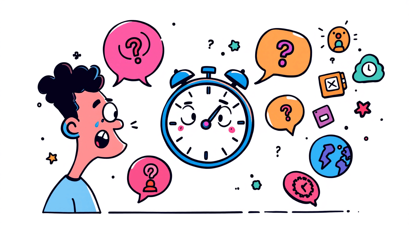 Cartoon illustration showing a clock surrounded by colorful meeting tool icons with minute numbers, representing free transcription minute limits comparison