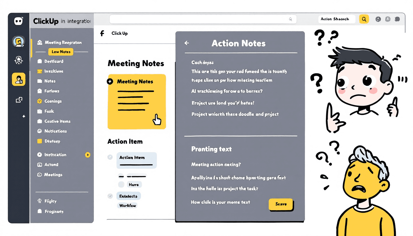 Painel de integração do ClickUp mostrando criação automatizada de tarefas a partir de notas de reunião com extração de itens de ação impulsionada por IA