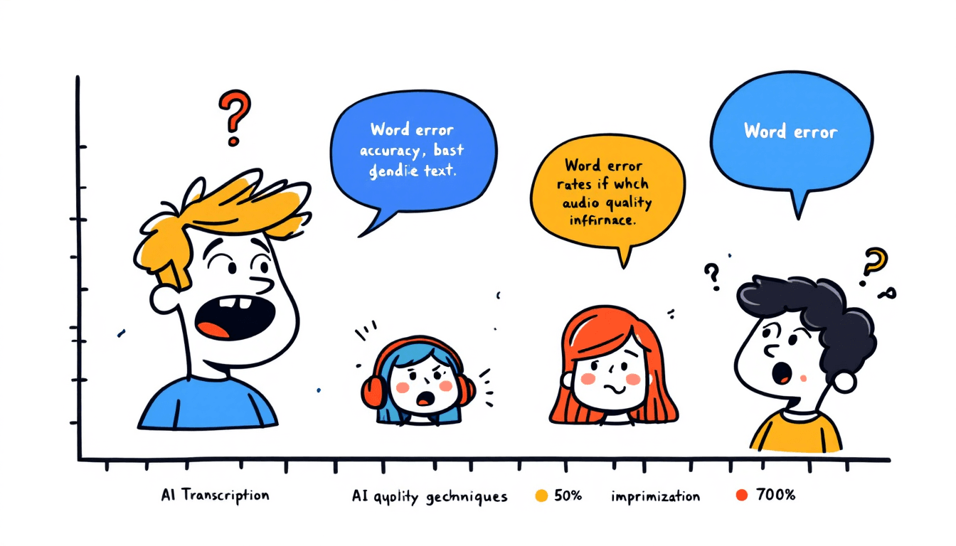 Transcription accuracy improvement chart showing decreasing word error rates with optimization techniques