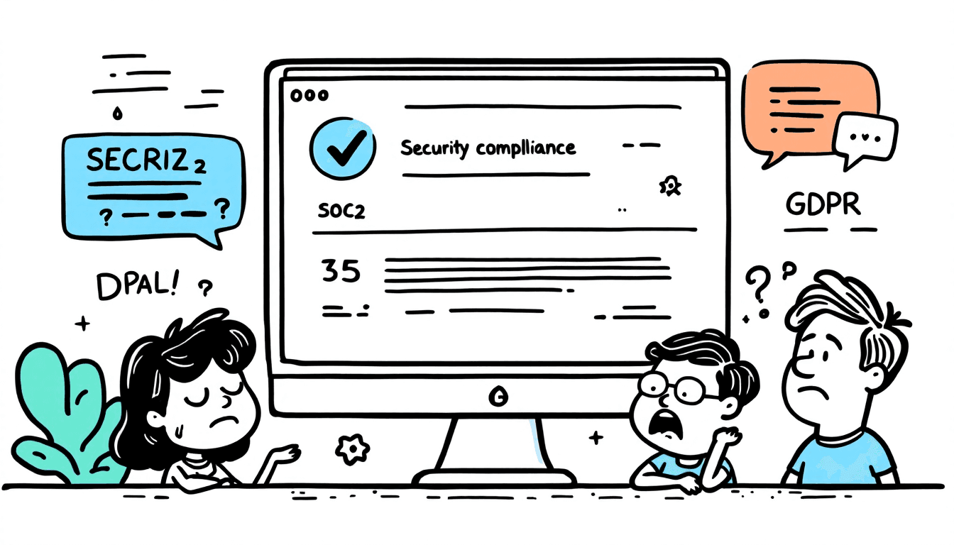 Dashboard zur Sicherheits-Compliance mit SOC2-, GDPR- und HIPAA-Zertifizierungen, verschlĂźsselten Meeting-Daten und Funktionen zum Datenschutz
