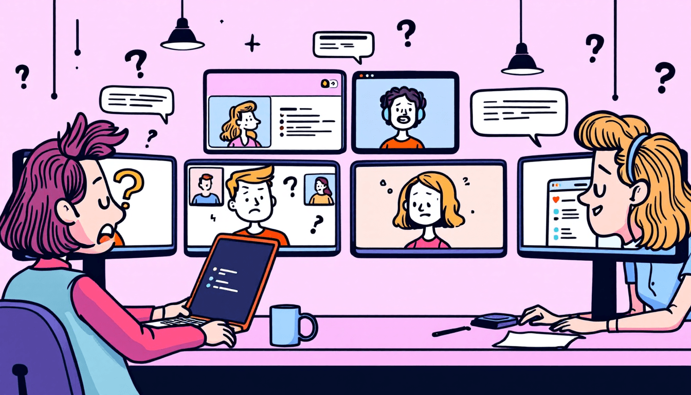 рджреВрд░рд╕реНрде рдЯреАрдо рдореАрдЯрд┐рдВрдЧ рд╕реЗрдЯрдЕрдк, рдЬрд┐рд╕рдореЗрдВ рдХрдИ рд╕реНрдХреНрд░реАрди рдкрд░ AI рдЯреНрд░рд╛рдВрд╕рдХреНрд░рд┐рдкреНрд╢рди рдФрд░ рд╡реАрдбрд┐рдпреЛ рдХреЙрдиреНрдлреНрд░реЗрдВрд╕рд┐рдВрдЧ рдЯреВрд▓реНрд╕ рджрд┐рдЦ рд░рд╣реЗ рд╣реИрдВ