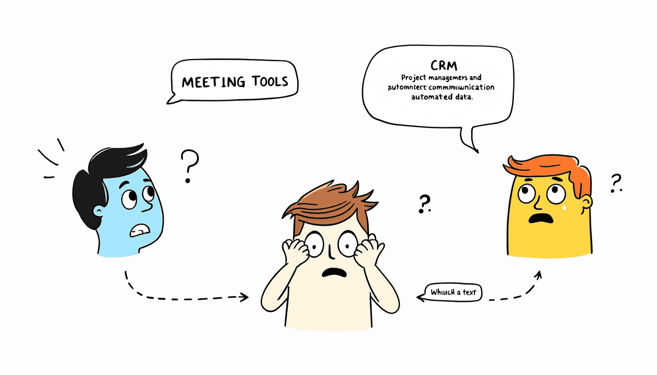 वर्कफ़्लो एकीकरण आरेख जिसमें मीटिंग टूल्स CRM, प्रोजेक्ट मैनेजमेंट और कम्युनिकेशन प्लेटफ़ॉर्म्स से जुड़े हों, स्वचालित डेटा फ्लो के साथ