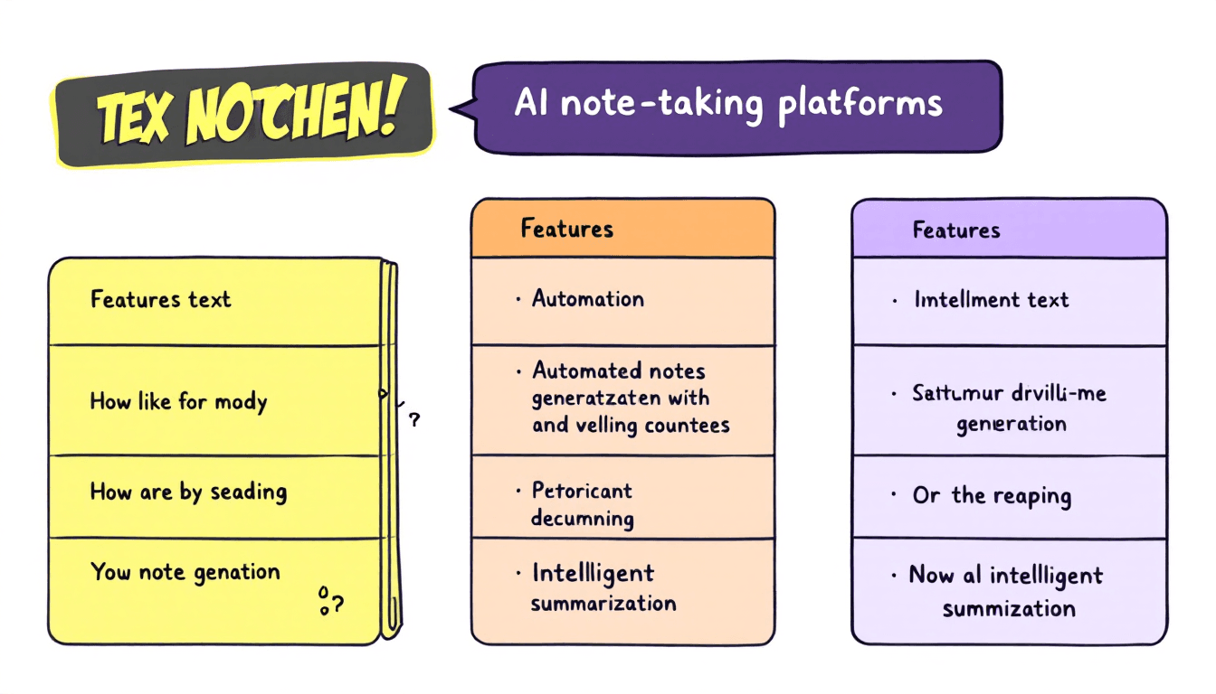 Vergleichsoberfläche fßr KI-Notizplattformen mit verschiedenen Tools, Feature-Matrizen, automatischer Notizerstellung und intelligenter Zusammenfassung