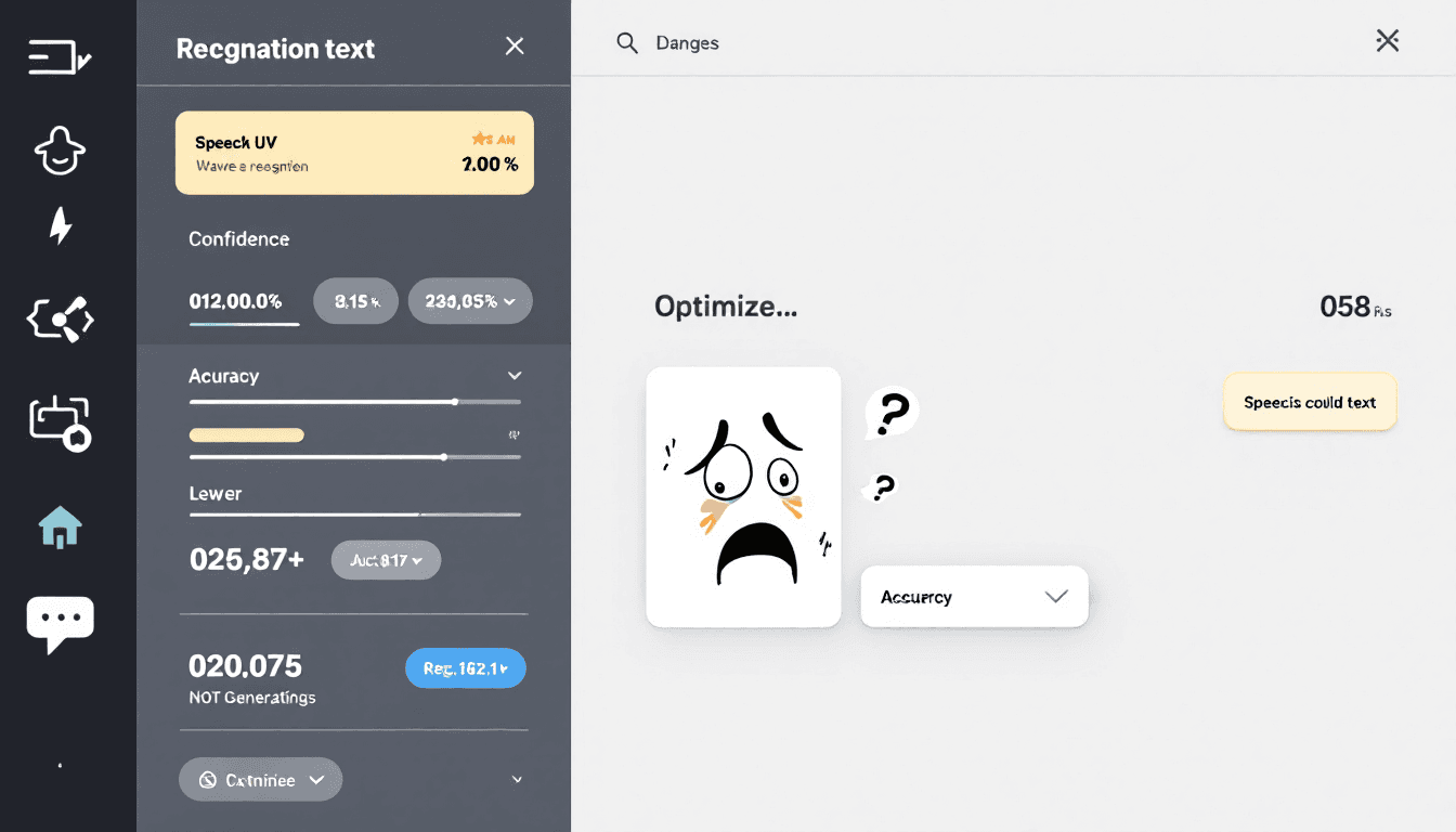 Interfaz de precisión de reconocimiento de voz que muestra formas de onda, puntajes de confianza y configuraciones de optimización para mejorar la calidad del reconocimiento de voz