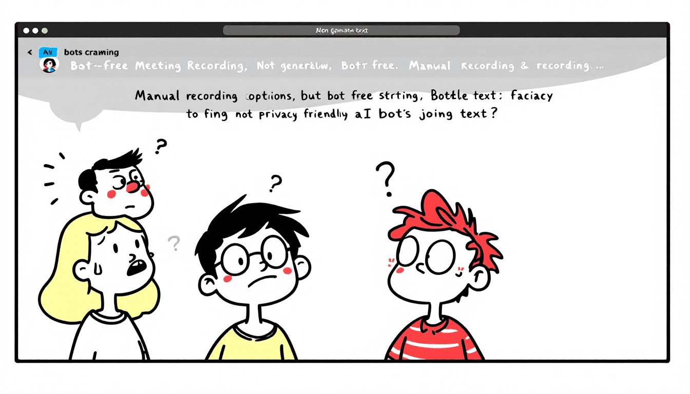 बॉट-मुक्त मीटिंग रिकॉर्डिंग इंटरफ़ेस जो मैनुअल रिकॉर्डिंग विकल्प और गोपनीयता-अनुकूल विकल्प दिखाता है