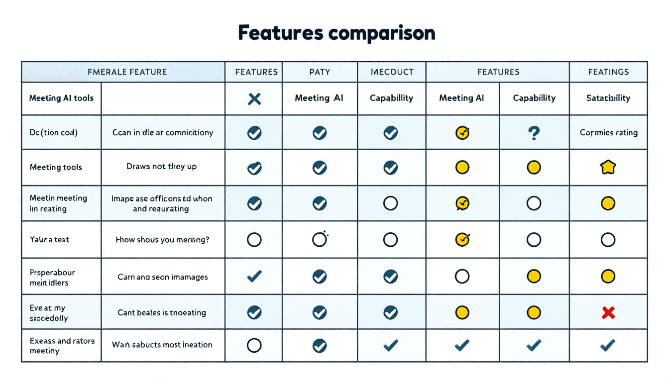 Matriks perbandingan fitur yang menampilkan grid fitur komprehensif di berbagai alat AI rapat dengan tanda centang penilaian dan indikator kapabilitas