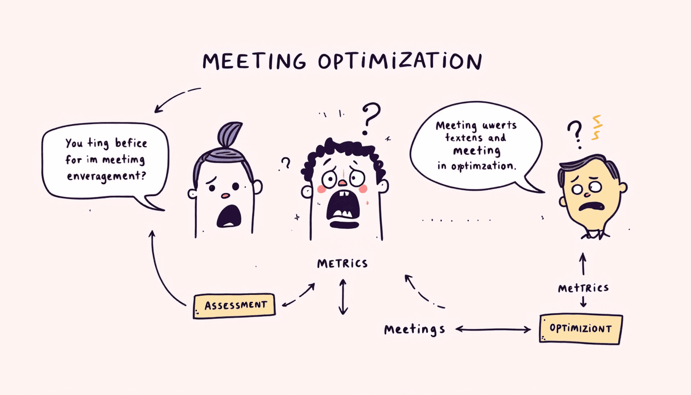 Schéma de cadre d’optimisation des réunions montrant une approche systématique de l’amélioration des réunions avec des métriques d’évaluation, des stratégies d’optimisation et des cycles d’amélioration continue