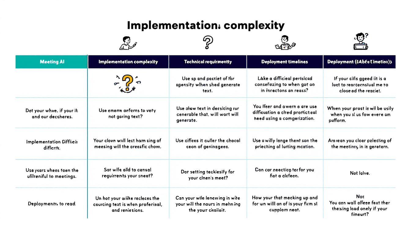 विभिन्न मीटिंग AI प्लेटफ़ॉर्म्स के बीच कार्यान्वयन जटिलता की तुलना, जिसमें सेटअप की कठिनाई, तकनीकी आवश्यकताएँ और परिनियोजन टाइमलाइन शामिल हैं