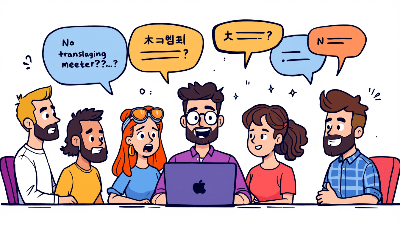 Global team collaborating in multilingual meeting with AI translation