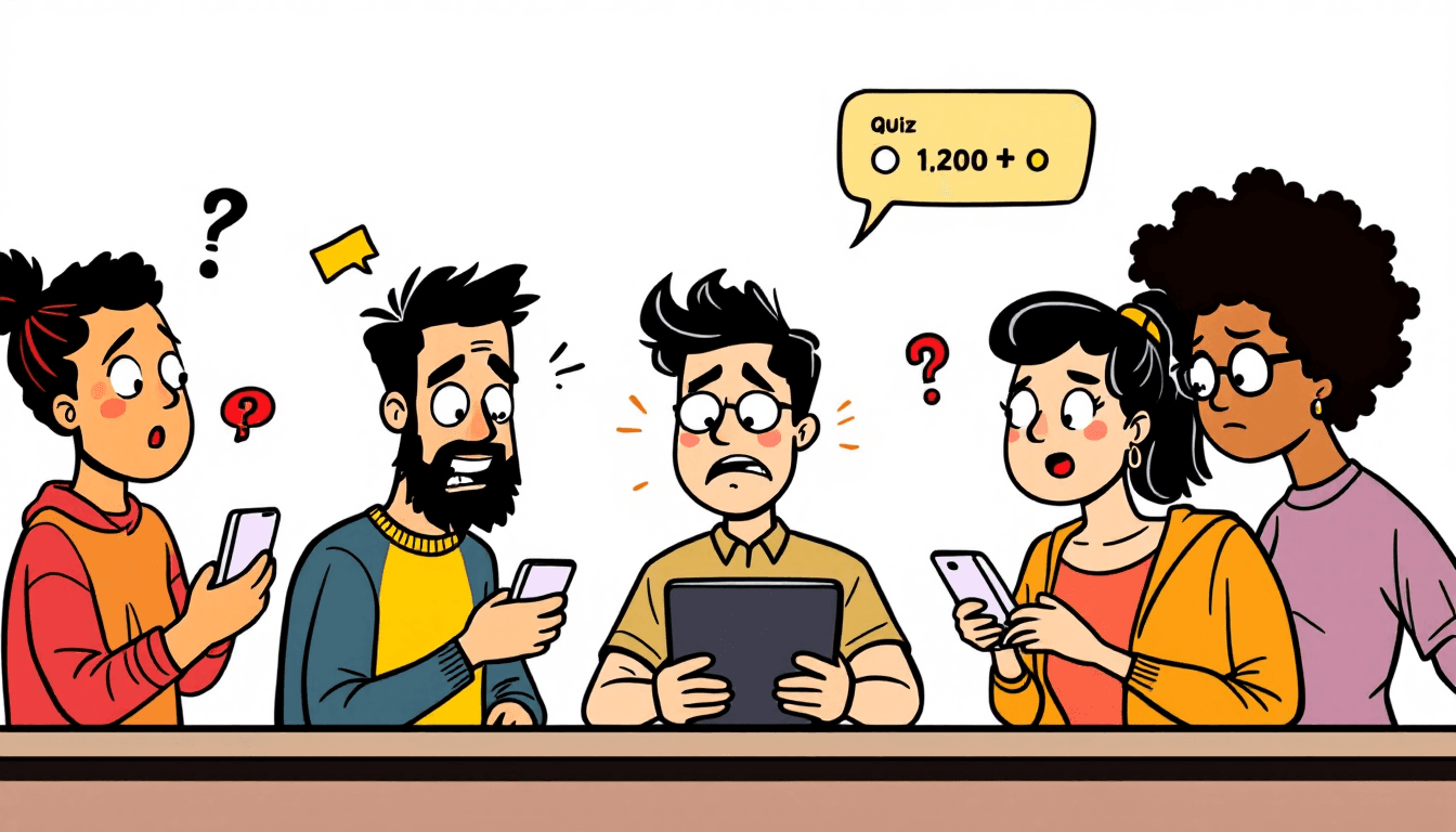 People enjoying online trivia games on various devices with excited reactions and competitive fun