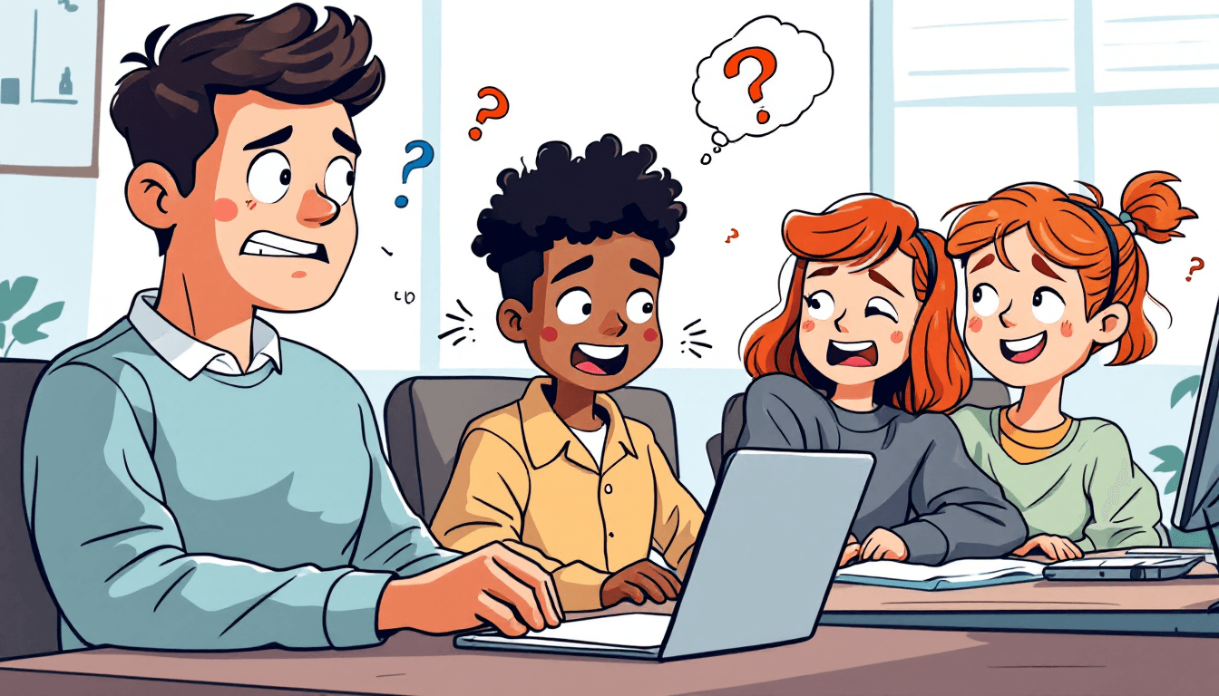 Estudiantes disfrutando de juegos educativos en línea en la escuela con entusiasmo y participación mientras aprenden