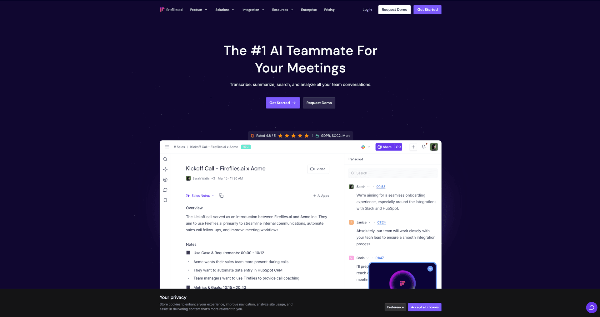 Página de destino de Fireflies AI