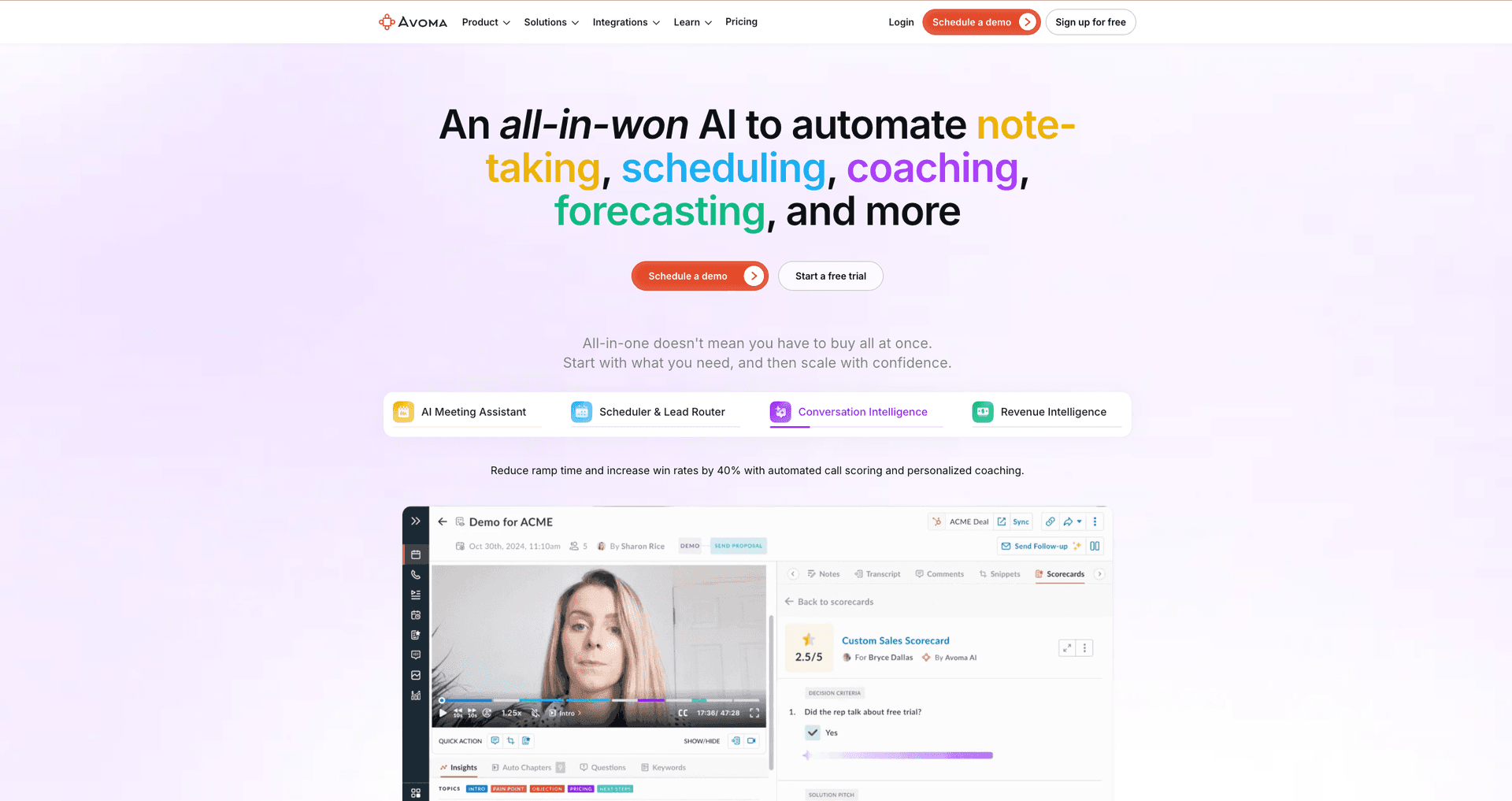 Página de destino de Avoma