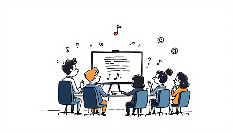 Professional business meeting with musical notes and copyright symbols showing legal compliance