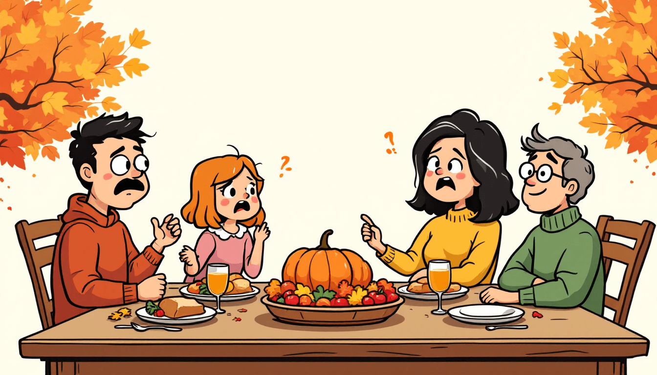 Thanksgiving dinner table with family and friends sharing icebreaker activities with gratitude and connection