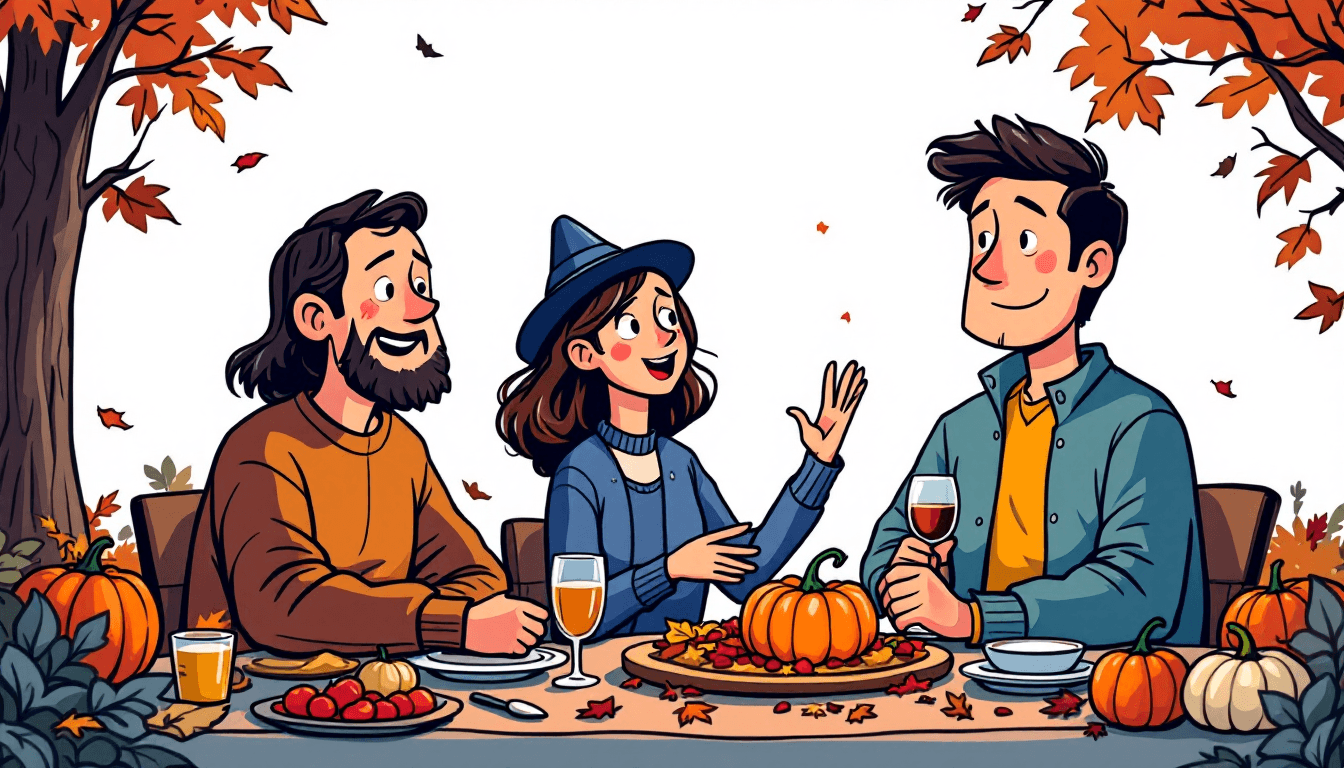 Reunión de Acción de Gracias con familiares y amigos disfrutando de juegos para romper el hielo con decoraciones otoñales y conexiones alegres