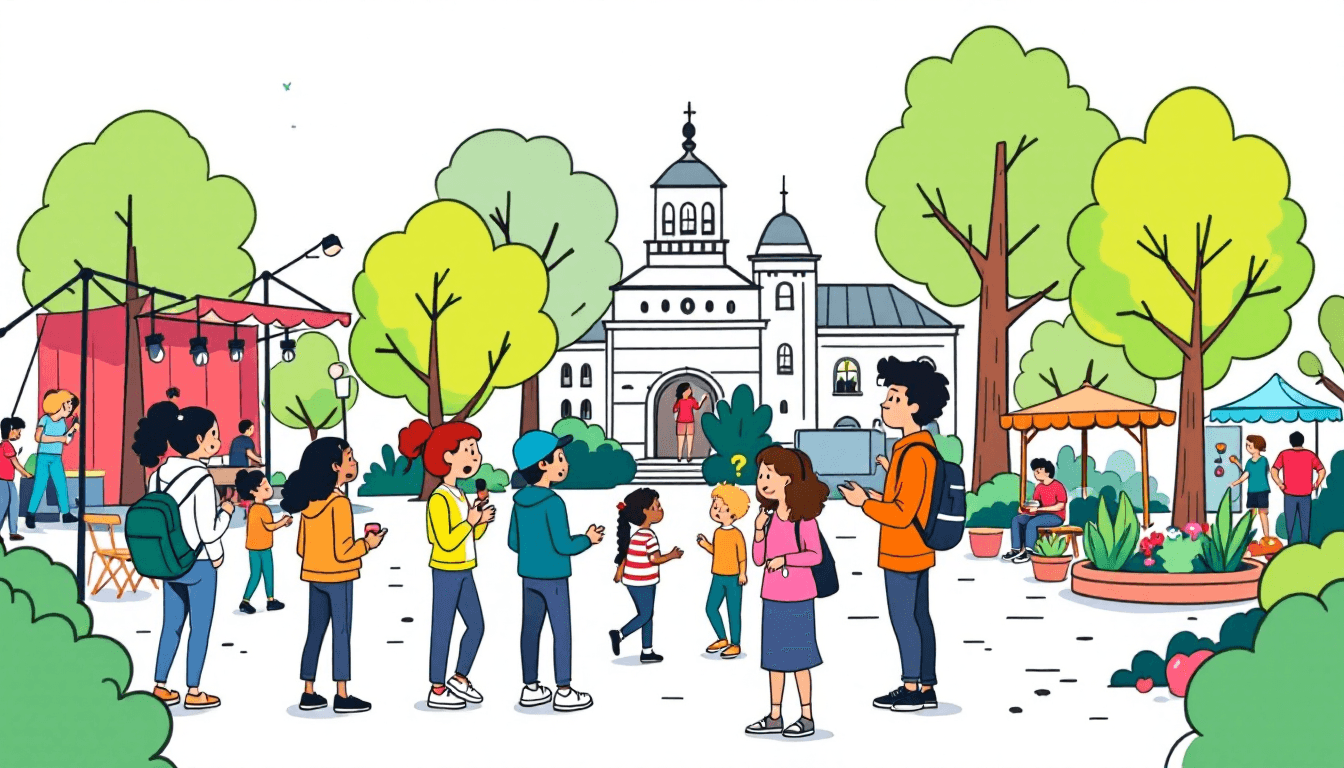 Personas disfrutando de varios eventos comunitarios gratuitos, incluidos conciertos al aire libre, ferias de arte y actividades comunitarias