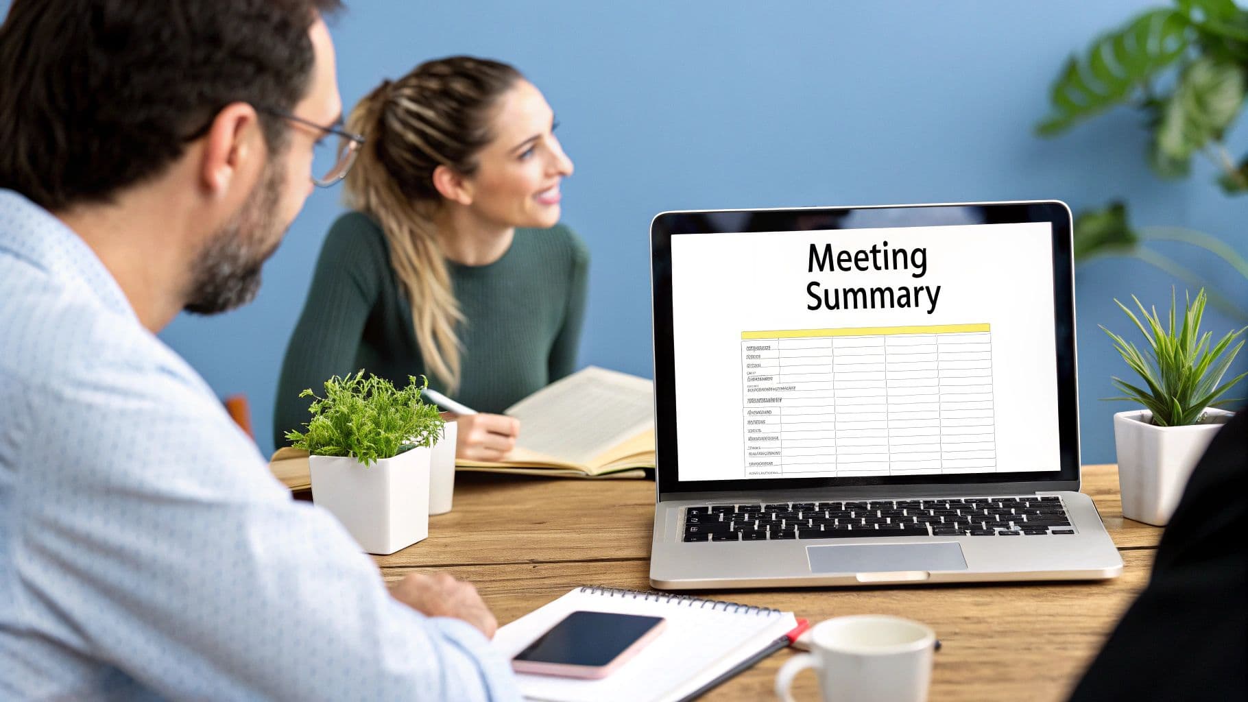 Meeting productivity illustration showing AI tools and meeting summaries