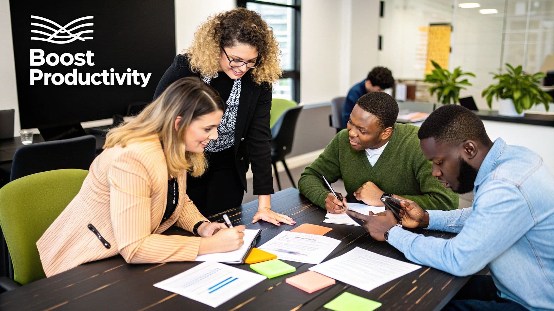 Meeting productivity illustration showing AI tools and meeting summaries