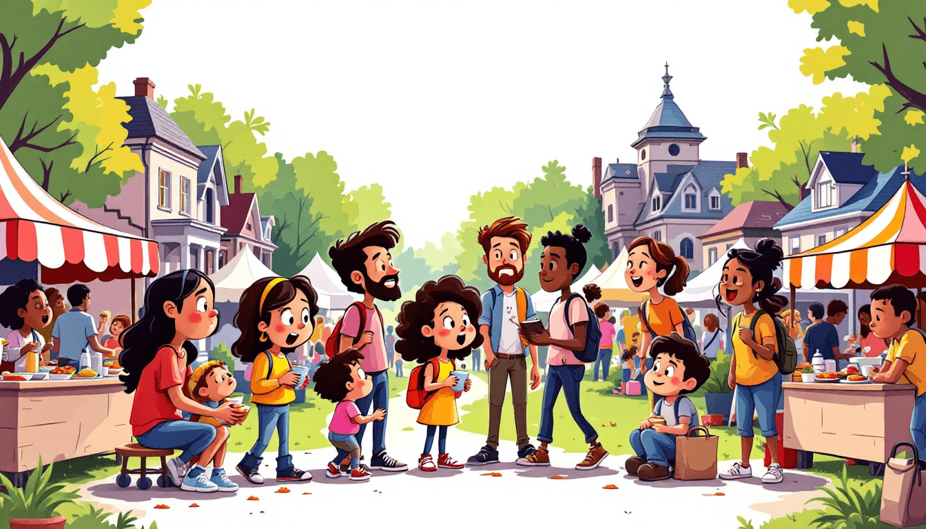 Diverse neighbors gathering at a community festival with food, activities, and social connections