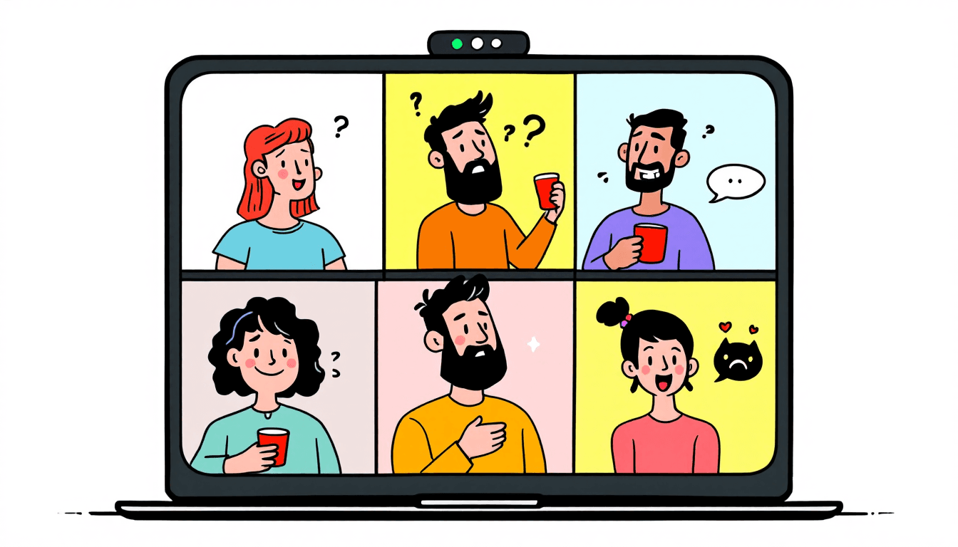 Remote team members enjoying virtual happy hour games with laughter, drinks, and fun interactions on video call