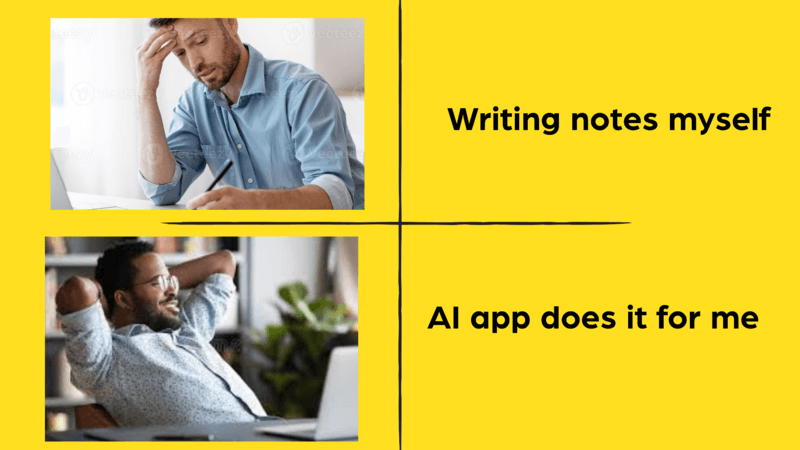 The stark contrast between manual note-taking chaos and AI-powered organization - showing messy handwritten scribbles vs. clean, organized digital notes