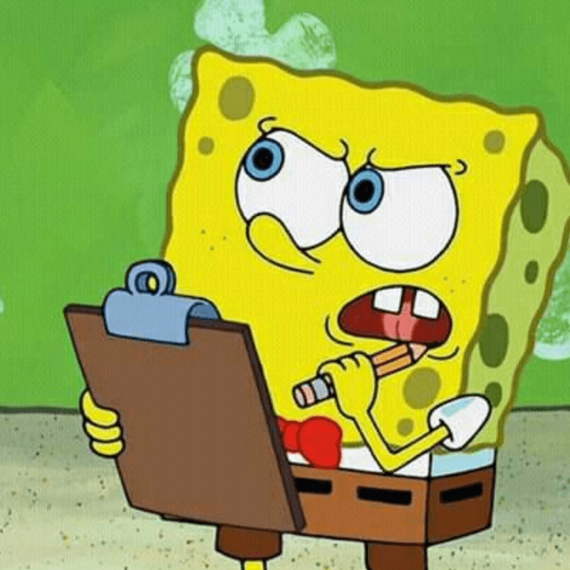SpongeBob's frantic note-taking expression that perfectly captures the chaos of trying to write down everything in a meeting