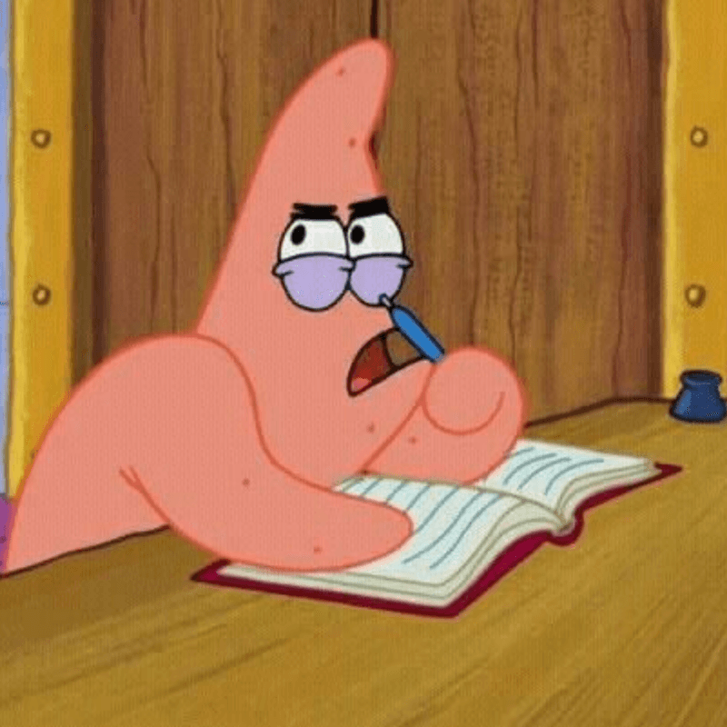 Patrick's bewildered face while attempting to take notes represents all of us trying to make sense of rapid-fire meeting information